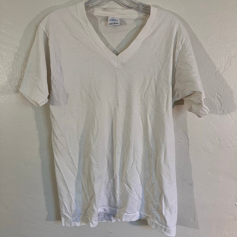 Vintage 90s John Henry‎ Blank White Single Stitch V-Neck T-shirt